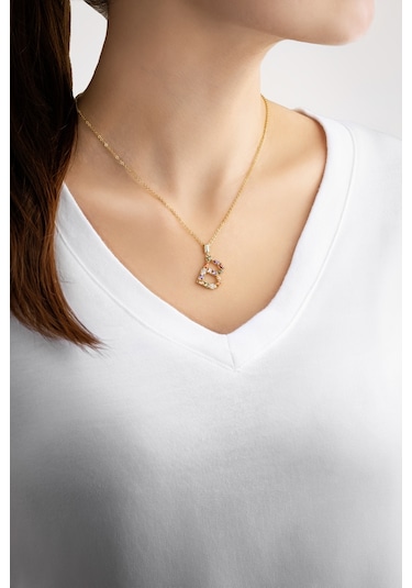 So Chic Mini B Harfi Günışığı Renkli 18 Ayar Sarı Altın Kaplama 45 CM Gümüş Kolye