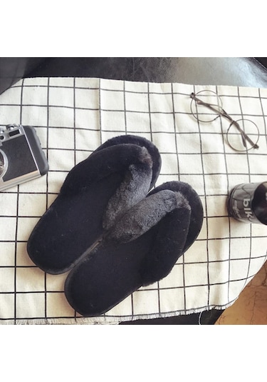 Qingmipy Kadınlar İçin Kışlık Ev Terliği Tavşan Tüyü Yumuşak Kaymaz Ön Pvc Taban Siyah 41/42 Numara Siyah