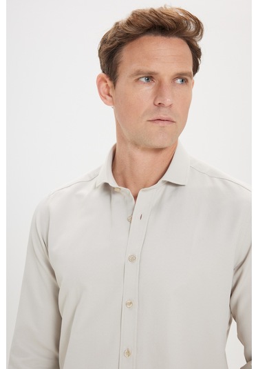 AC&Co / Altınyıldız Classics ERKEK BEJ Kolay Ütülenebilir Slim Fit Dar Kesim İtalyan Yaka Armürlü Gömlek Bej