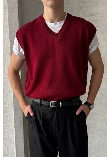 Erkek V Yaka Oversize Süveter Bordo