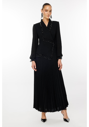 Moda İlgi Kadın Boncuk Detaylı Piliseli Uzun Elbise 6073 Siyah Siyah