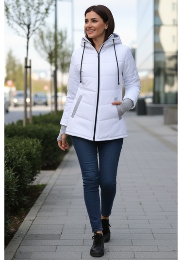 Günlük Su Geçirmez Kışlık Eldivenli Kadın Şişme Beyaz Mont Beyaz