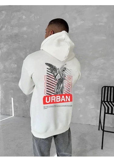 Defymoda Oversize Üç İplik Kapüşonlu Sweatshirt - Beyaz Beyaz