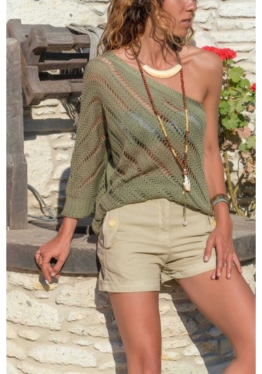 Kadın Haki Tek Omzu Açık Triko Bluz-Haki