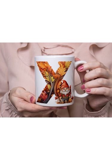 X Harf Sonbahar Yaprak Temalı Kupa Bardak - Sevimli Figürler İle Alfabe Harfli Bardak - Kişiye Özel Beyaz