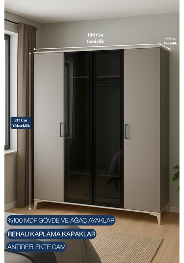 Deniz 4 Kapaklı Çekmeceli Mdf Dolap Ağaç Ayaklar