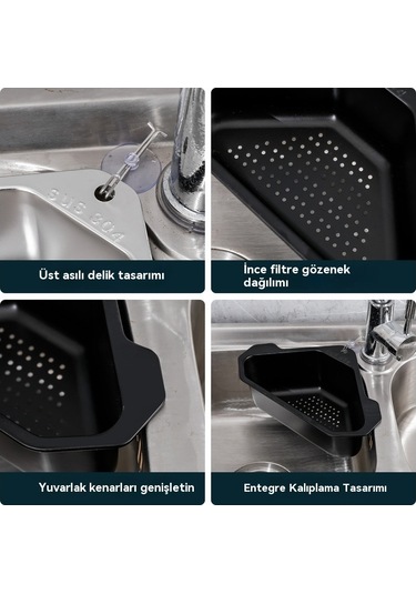 Eastmeetwest - 304 Paslanmaz Çelik Lavabo Filtresi, Deliksiz Üçgen Raf, Artıklar İçin Pratik Çözüm Gümüş