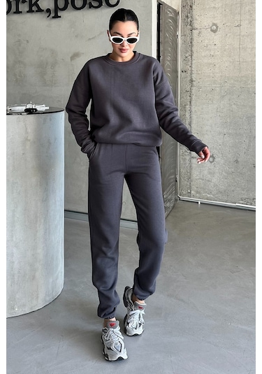 Modagen Antrasit Bisiklet Yaka Düz Oversize Alt-üst Eşofman Takımı Antrasit