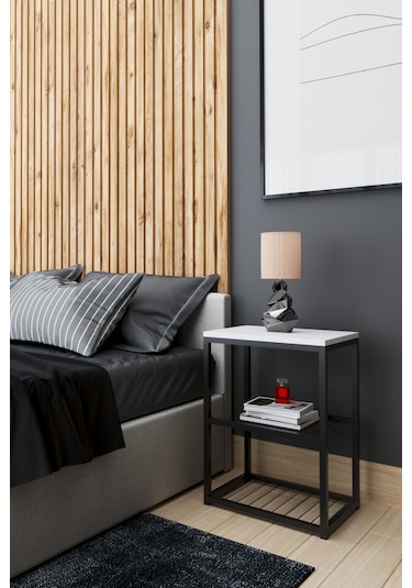 Metal Ayaklı Dekoratif Tel Raflı Komodin Beyaz Beyaz