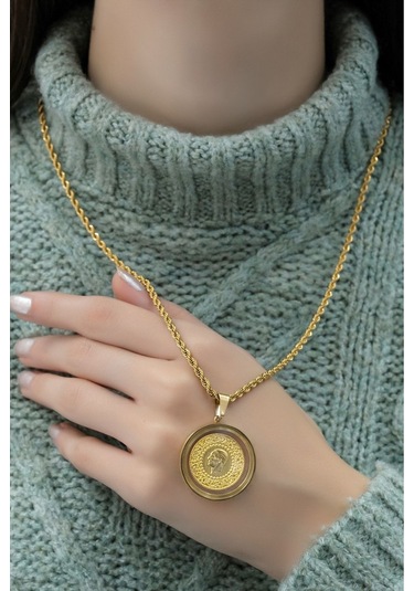 Yarım Altınlı Cam Çerçeveli Halat Kolye