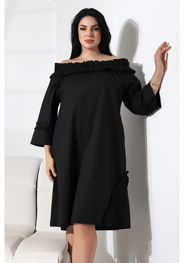 Schık Schık Kadın Yaka Büzgülü Kol Ve Etek Ucu Fırfır Detay Cepli Elbise Siyah Sckwm24el02 Siyah