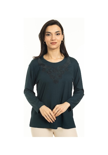 Kadın Orta Yaş Ve Üzeri Yeni Model Yuvarlak Yaka Likralı Anne Penye Bluz 30550-Yeşil