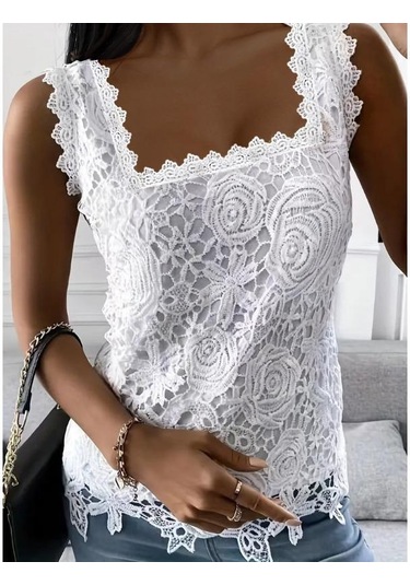 Yaz Kadın Yelek Kare Yaka Dantel Kolsuz Tank Top Beyaz