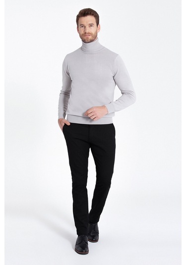 Hatemoğlu Açık Gri Balıkçı Yaka Triko Kazak Altın Açık Gri