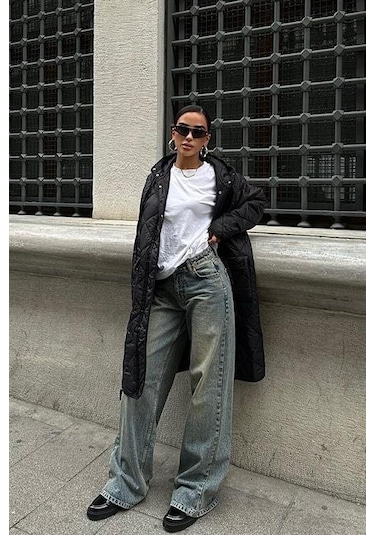 Munn Collection Fermuar Ve Kapşonlu Uzun Kapitone Mont 7062 Siyah