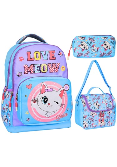 Kedi Baskılı Mavi, 3 Lü İlkokul Kız Çocuk Beslenmeli Ve Kalemlikl