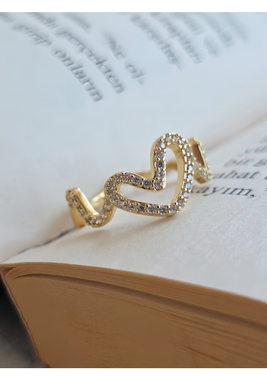 Ayarlanabilir Dalgalı Wavy Kalp Model Zirkon Taşlı Gold Renk Çelik Yüzük Altın