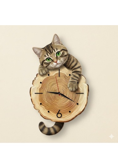 Cajuart Kütük Üzerinden Bakan Tekir Kedi Tasarımlı Duvar Saati Modern Dekoratif Saat Kahverengi