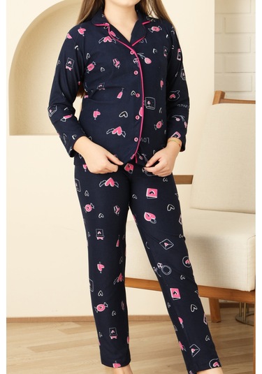 Kız Çocuk Pat Yakalı-baskılı Ve Düğme Kapamalı-%100 Pamuk Pijama Takımı 12352 Lacıvert