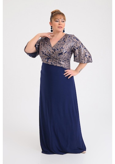 Lilas Xxl Kadın Büyük Beden Kruvaze Yaka Kısa Kollu Uzun Abiye Elbise 9670 Lacivert Lacivert