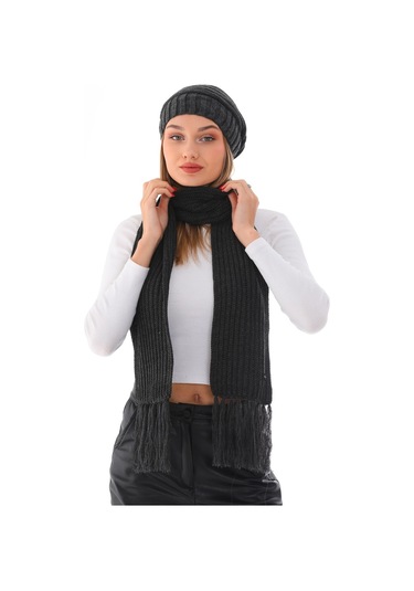 Kadın Ipli Bere Antrasit Selanik Örgü Atkı Takım Antrasit