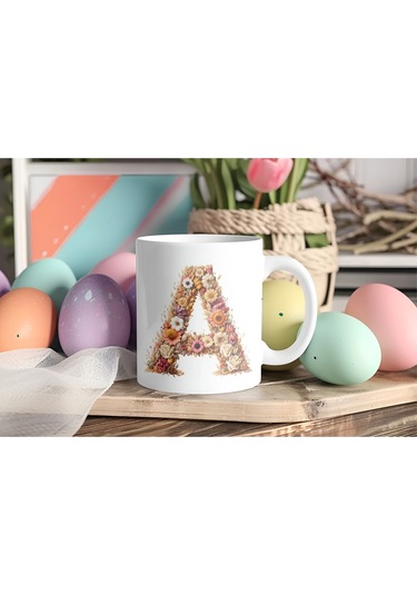 C Harfi Çiçek Desenli Kupa Bardak - Alfabe Harfleri İle Doğal Çiçekli Kupa - Hediye Fikir Beyaz