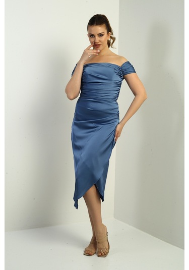 Kadın Madonna Yaka Drapeli Asimetrik Saten Kısa Elbise İndigo