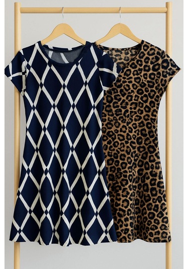 2 Adet Dökümlü Rahat Kalıp Günlük Penye Kumaş Elbise Lacivert - Beyaz