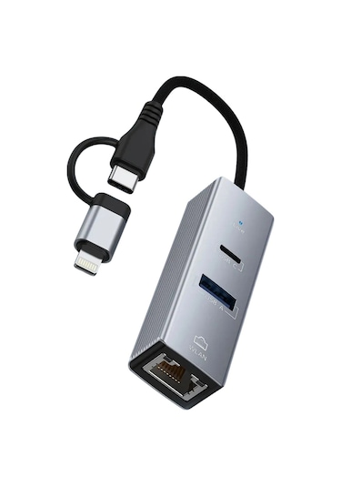 3 Portlu Ağ Ve Veri Adaptörü: Rj45 Lan + Usb 3.0 + Type-c Girişli Metal Kasa