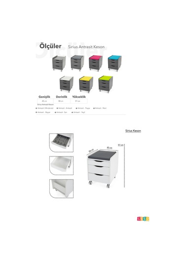 Creo Mobili Çekmeceli Tekerlekli Sirius Keson, Oturulabilir Ofis Ve Ev Komodini, Antrasit