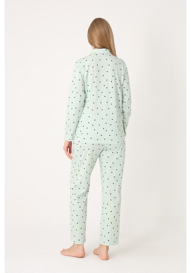 Nbb Kadın Yeşil Polka Dot Önden Düğmeli Pijama Takım YESIL