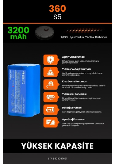 360 S5 Akıllı Robot Süpürge Bataryası 14.4v 3200mah