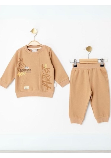 Erkek Çocuk Cep Detaylı Eşofman Takım-14228 Kahverengi