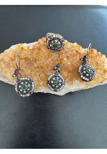 Aysesa Yakut Zümrüt Zirkon Bakır Görünümlü Kadın Gümüş Set