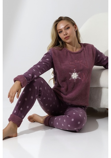 Fawn 5020 Peluş Welsoft Polar Kışlık Yumoş Kadın Pijama Takımı Lila