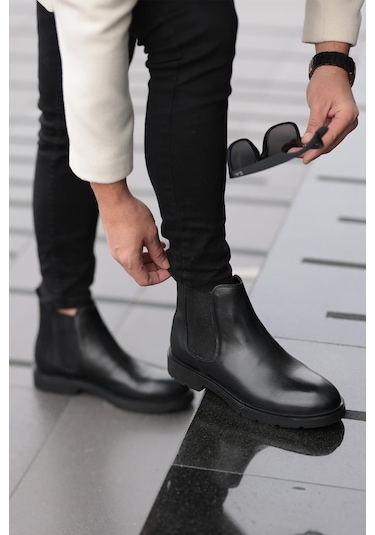 Shoetyle - Siyah Hakiki Deri Erkek Chelsea Bot-719-siyah Siyah