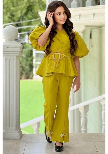 Riccotarz Kız Çocuk Fermuar Ve Kemer Detaylı Kruvaze Yaka Hardal Alt Üst Takım 001