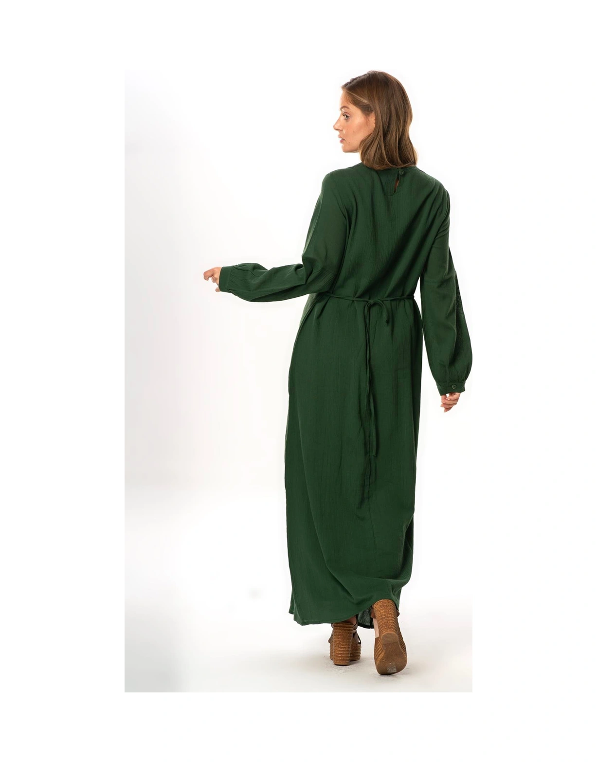 Uzun Kol Şile Bezi Gülşah Bisiklet Yaka Nakışlı Uzun Yazlık Elbise Yeşil Ysl Yeşil