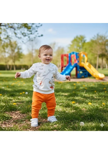 Erkek Bebek Ayıcık Baskılı Alt Üst İkili Gündelik Takım Turuncu