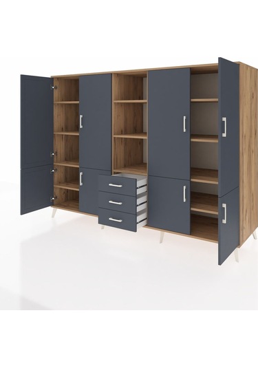 Kronos Dolap 11 Raflı 3 Çekmeceli 8 Kapaklı 220x59x163 Çam-antras Çam-antrasit