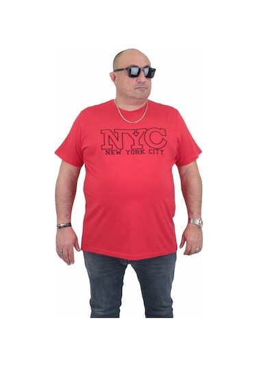 Starbattal Erkek Büyük Beden Sıfır Yaka Tişört Nyc 24133 Kırmızı-Kırmızı