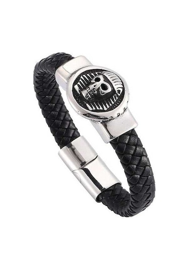 Fastbuy Erkek Deri Bilezikler Paslanmaz Çelik Mıknatıslı Punk Model Siyah Bileklik Takı Hediye Siyah