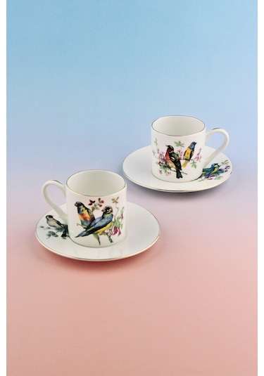 Renkli Kuşlar Altın Yaldızlı İki Kişilik Kahve Fincan Takımı Beyaz