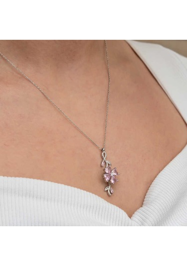 Gümüş Dönen Pembe Yonca Kadın Kolye Sl9052 Gümüş
