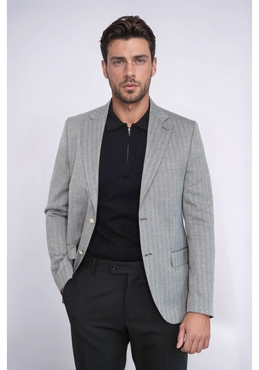 Siyah Balıksırtı Desenli Gold Renk Metal Düğmeli Slim Fit Erkek Blazer Ceket - Wessi Black
