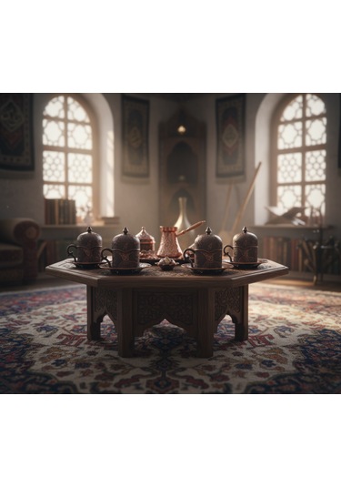 Semazen 6 Kişilik Porselenli Kapaklı Bakır Renkli 24 Parça Fincan Seti Bakır