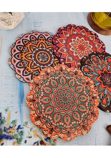 Renkli Desenli Nihale Ahşap Çaydanlık Tencere Tava Altlığ 4lü Set