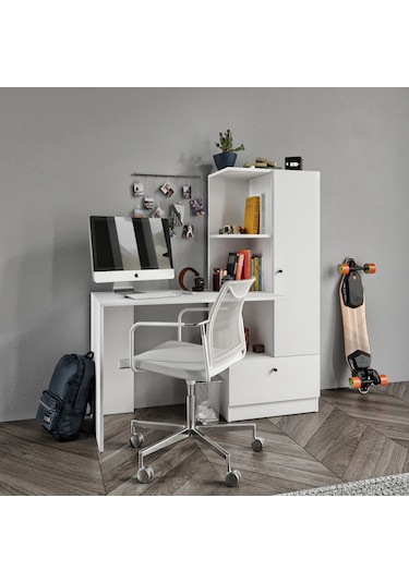Merlin Mobilya Minör Çalışma Masası Ve 7 Bölmeli Kitaplık Beyaz
