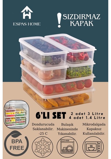 6'lı Sızdırmaz Freshbox Saklama Kabı Mikrodalga Ve Buzdolabı Uyumlu / 2x3000 Ml - 4x1400 Ml Şeffaf