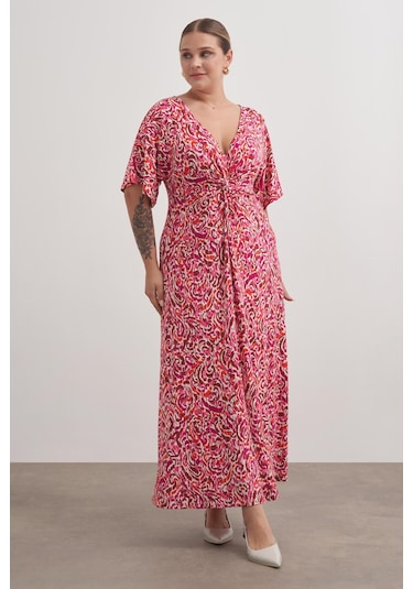 Önü Düğümlü Örme Elbise-1844 Pembe